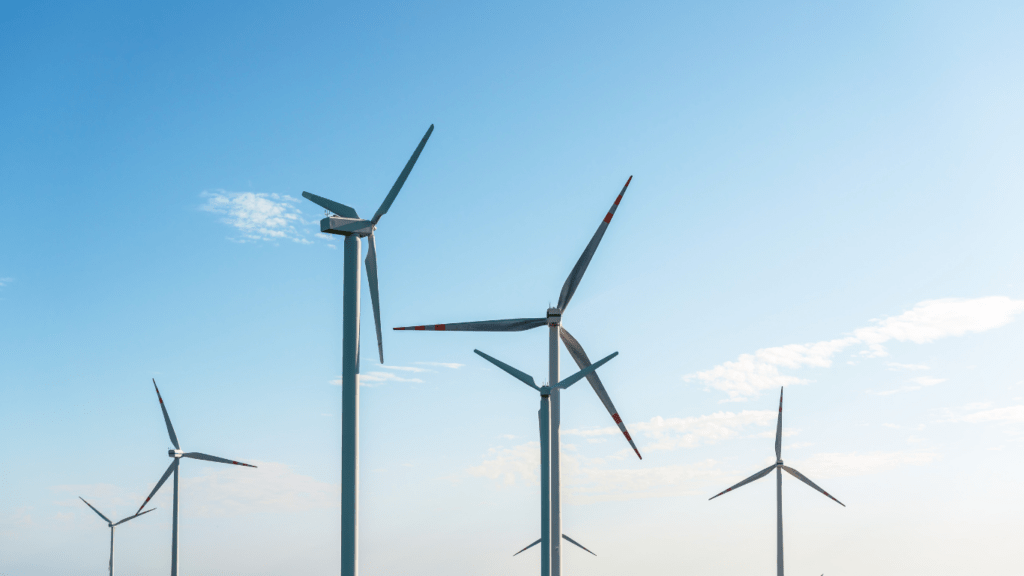 a group of wind turbines in the middle of a field