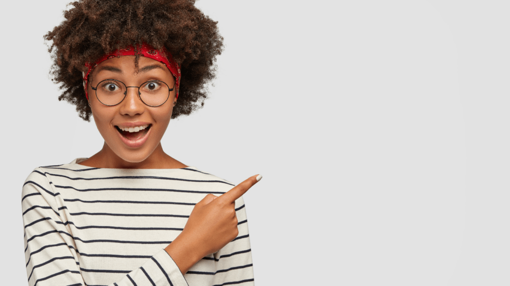 woman pointing in white background