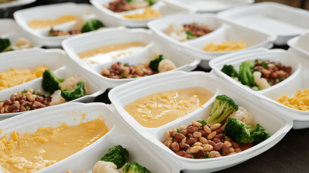 plastic containers filled with food sit on a table