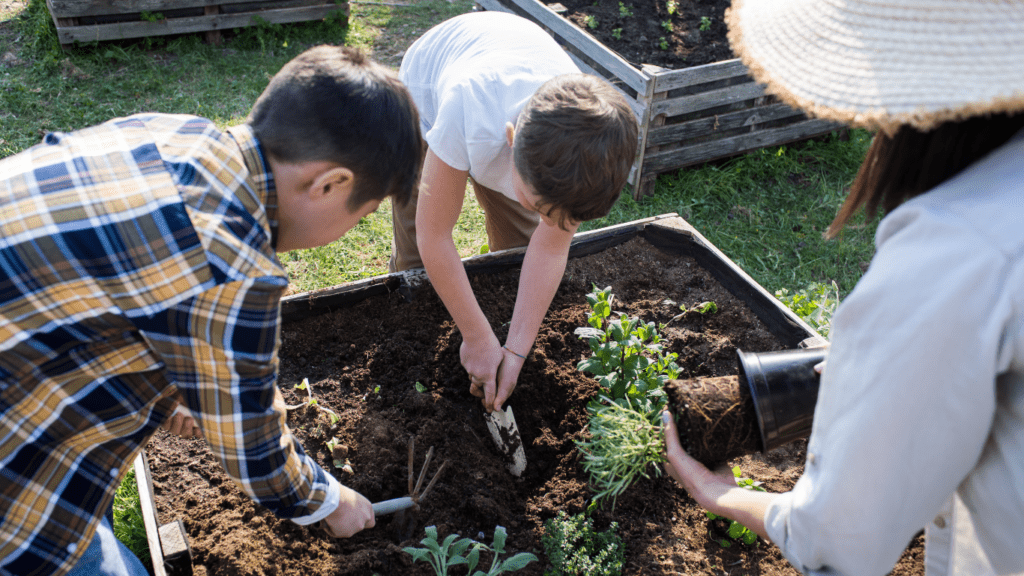 Two people are working in the garden together.