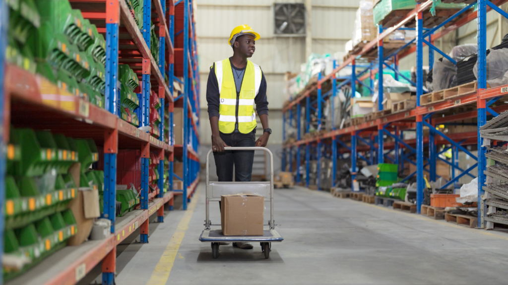 a person pushing a cart with boxes in a warehouse