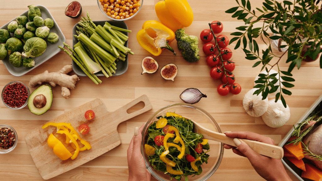 three plates with different types of fruits and vegetables