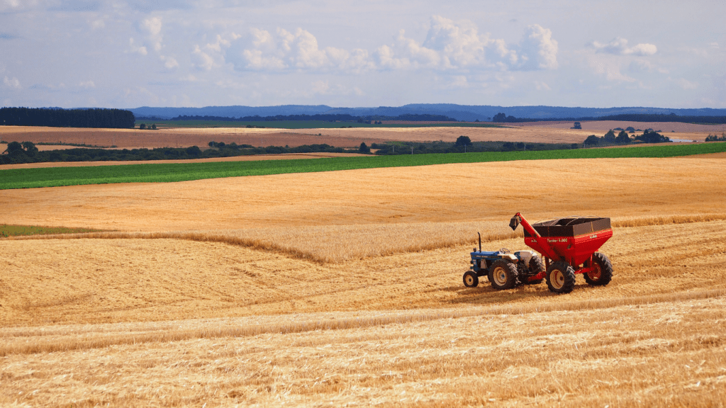 tractors plowing a field in the middle of the day